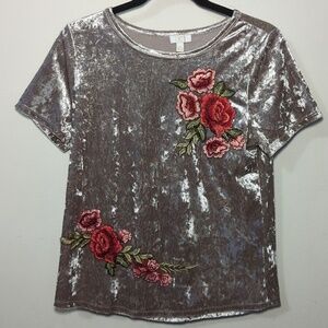 Charming Charlie Velvet Top Tan Floral Embroidered Fairy Goblin Women's Size S